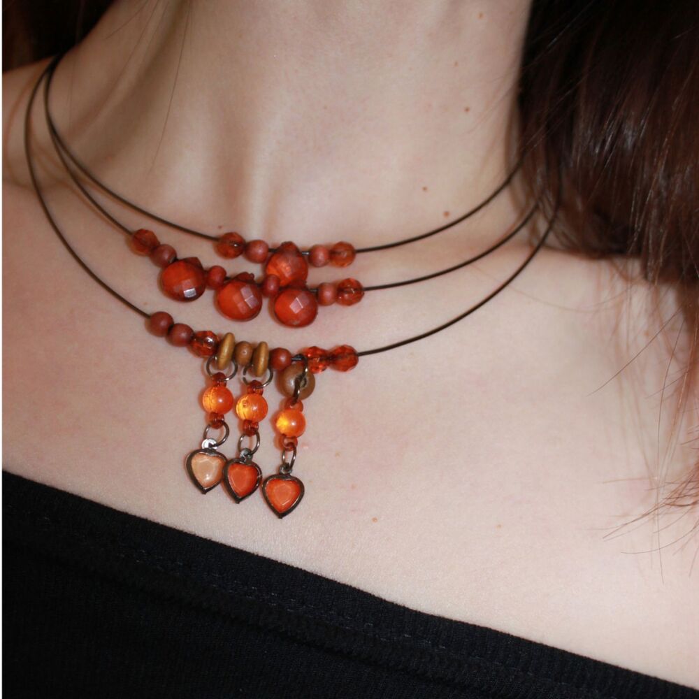 Orange Brown Beaded Multi Strand Heart Necklace & Earrings Jewelry Set